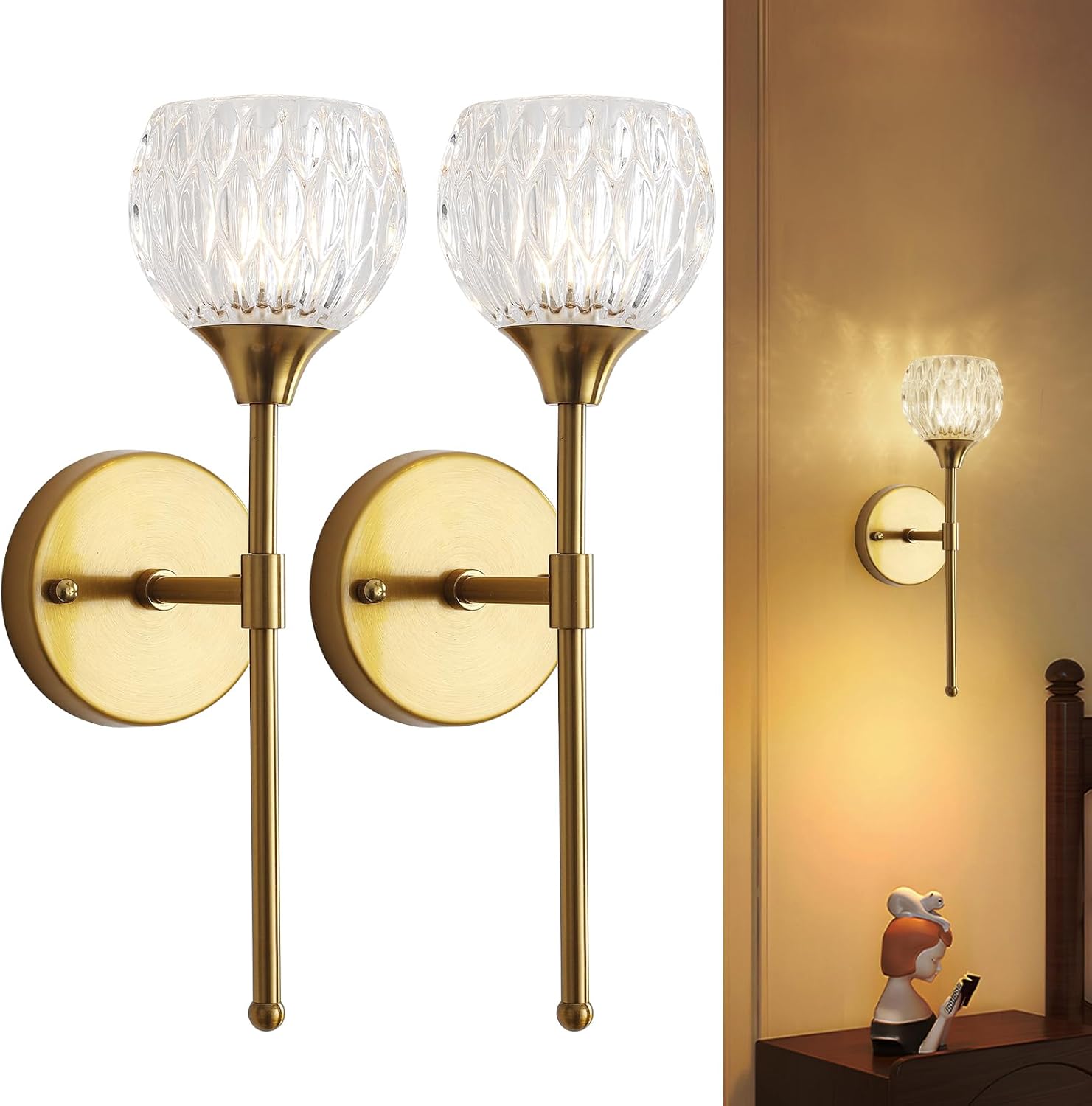 LXWNYY Juego de 2 apliques de pared de estilo moderno de mediados de siglo - Latón dorado cepillado con detalles de cristal y vidrio transparente, lámparas largas y estrechas para dormitorio, mesita de noche o sala de estar.