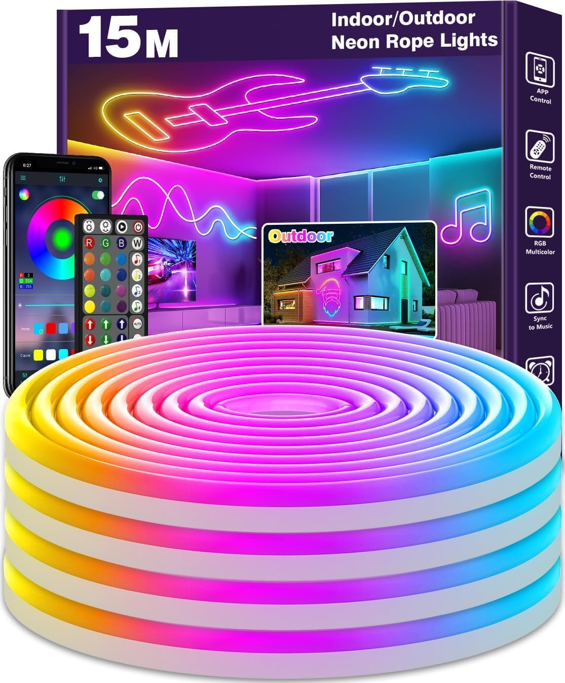 Tira de LED de neón LETIANPAI de 15 m, tiras de LED flexibles, control con aplicación/mando a distancia, múltiples modos, resistente al agua, luces de tira para juegos con sincronización de música para dormitorio interior, luces de neón RGB para exteriores IP65