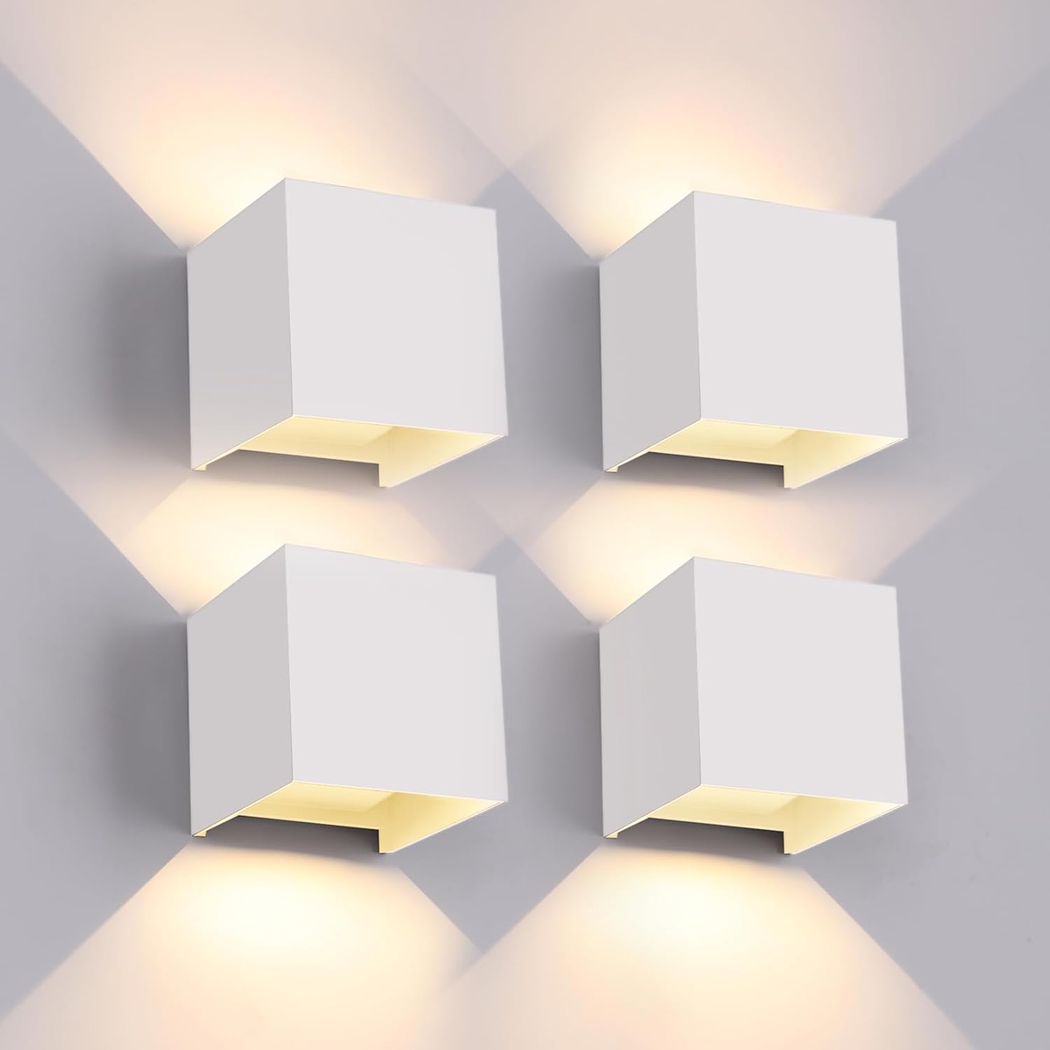 FUPE - Aplique de pared para interior/exterior (4 unidades) con bombilla LED G9 reemplazable, resistente al agua IP65, luz blanca cálida de 3000 K, aplique cuadrado de aluminio, ángulo de haz ajustable, color blanco.