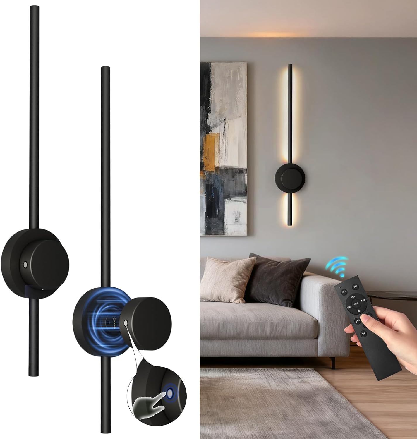 Apliques de pared LED recargables BRIMAX para interiores, 3000K-6500K, inalámbricos, con control táctil y mando a distancia, 70 cm, color negro, diseño moderno, batería extraíble de 5000 mAh, ideales para interiores, sala de estar y decoración.