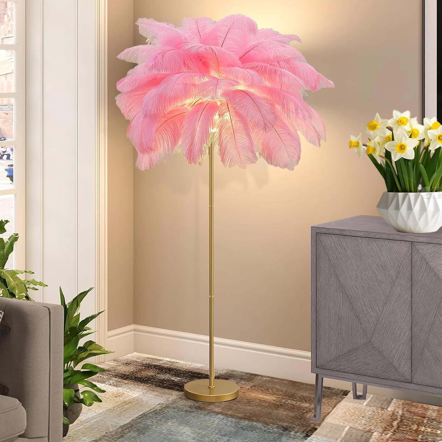 Lámpara de pie KCYXSMAX Feather para sala de estar, hecha de plumas de avestruz naturales con luz regulable de 3 colores, 160 cm de alto, para dormitorio, lectura, oficina