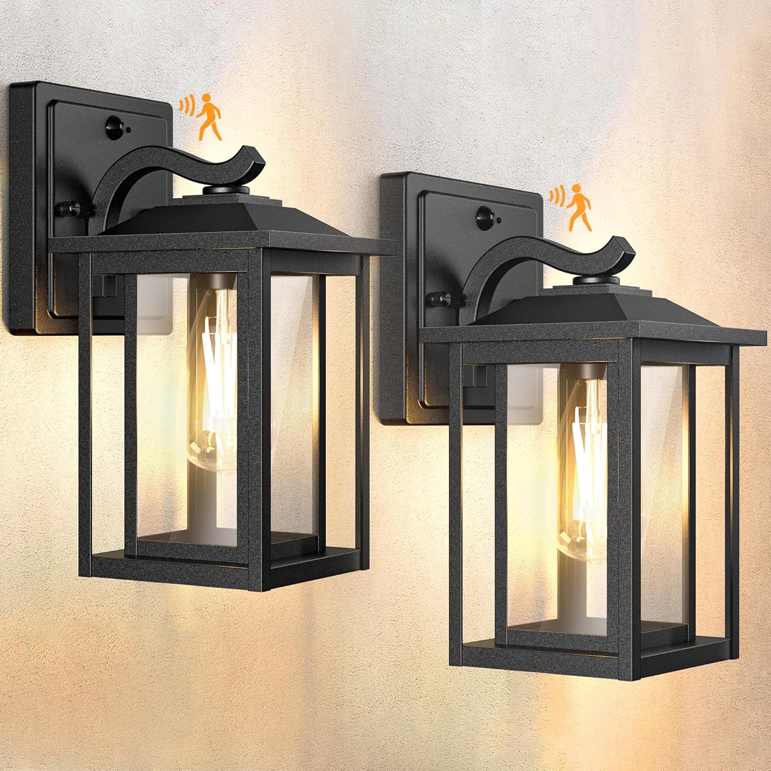 Aplique de pared exterior Wondlumi (paquete de 2) con sensor de movimiento, casquillo E27, 3 modos de iluminación, estilo industrial, color negro, IP44, metal y cristal, 230 V, para patio o balcón (bombilla no incluida).