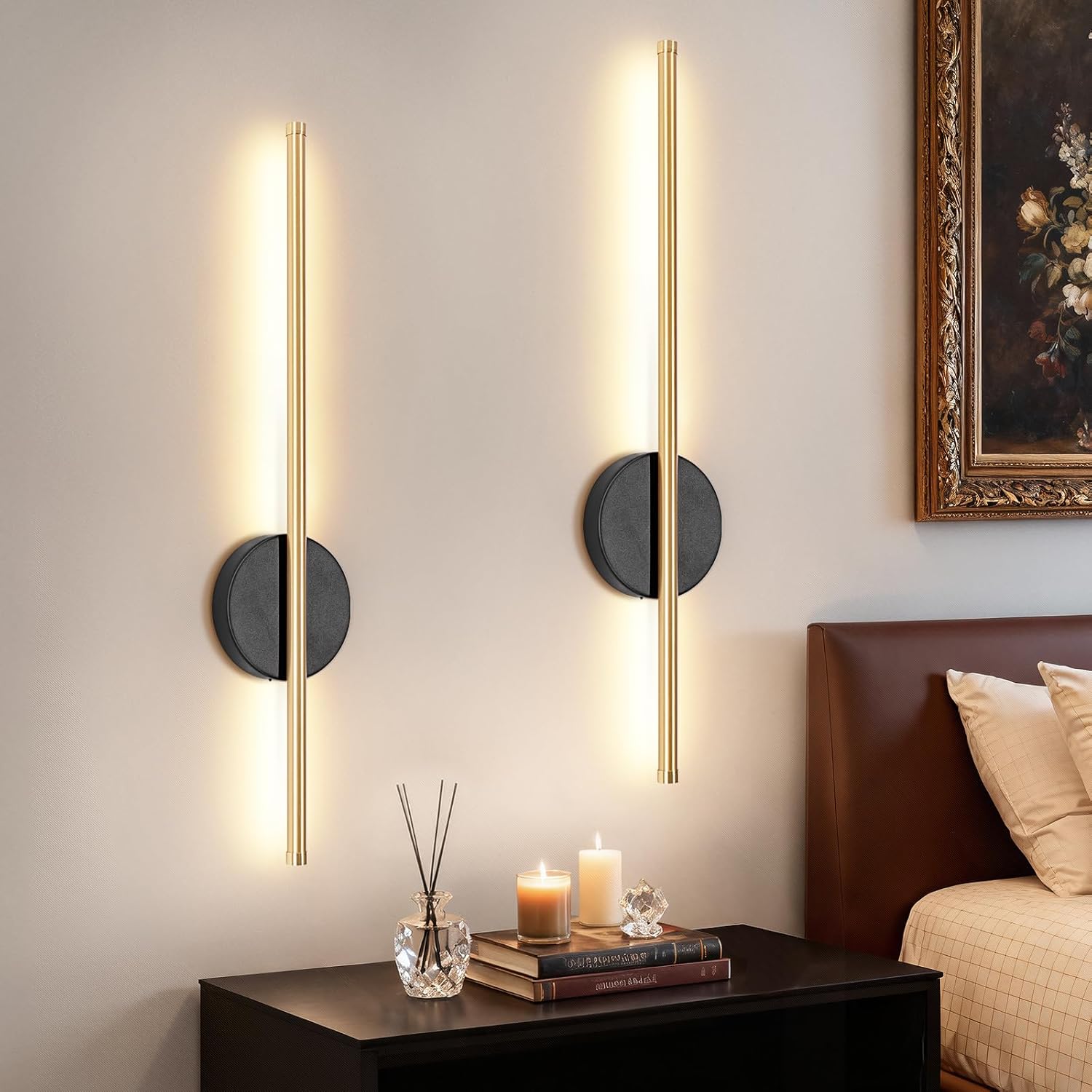 Aplique de pared inalámbrico Dehobo para interiores - Lámpara de pared con control remoto - Luces de pared LED inalámbricas, negro y dorado, 60 cm - Aplique de pared regulable con 3 temperaturas de color para sala de estar, iluminación de escaleras, juego de dos piezas